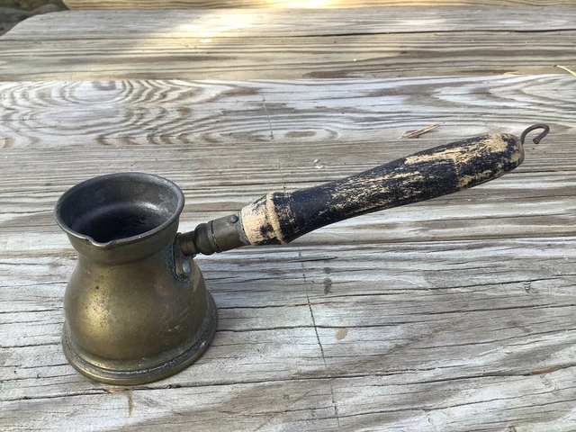 Vintage Brass Melting Pot Coffee Pot Wooden Handle Rustic Kitchen Decor