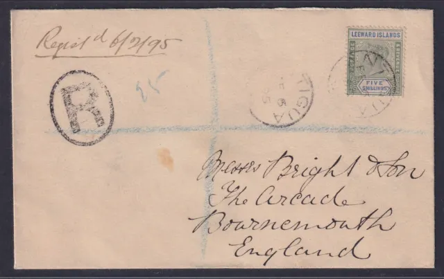 Leeward Islands, Scott 8 (SG 8), on 1895 Antigua Registered cover to England