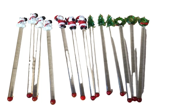 Lot Of Thirteen Christmas Santa Snowman Tree Wreath Blown Glass Swizzle Sticks