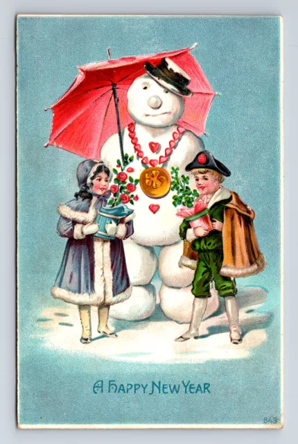 Happy New Year Sad Smug Snowman Umbrella German Boy & Girl Postcard