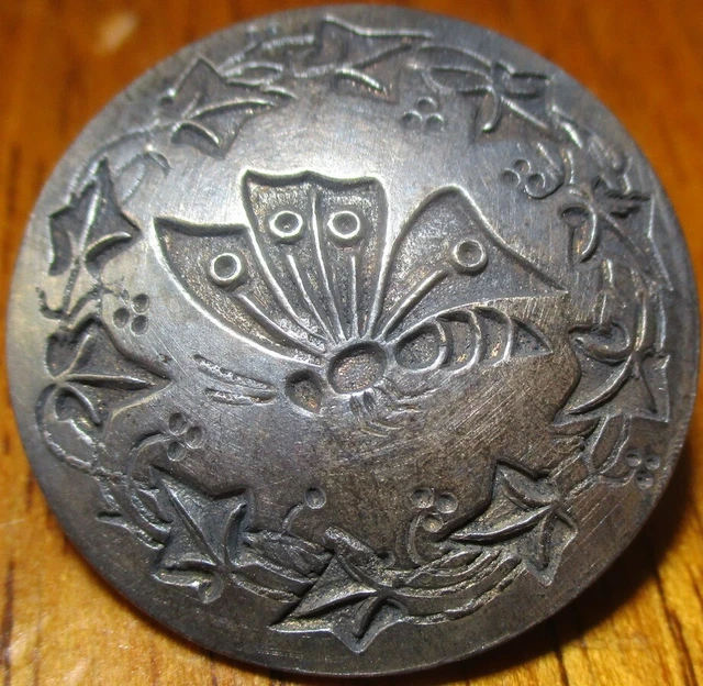 Vintage Antique French~ETCHED BUTTERFLY INSECT~IVY BORDER Metal Picture Button