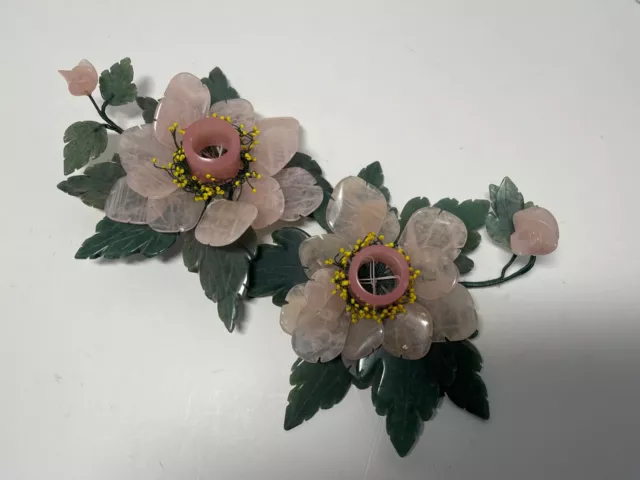 Vintage Carved Flowers & Leaves  Gemstone Jade & Rose Quartz Candle Holder PAIR