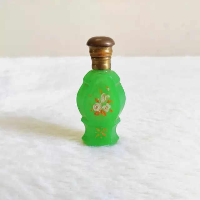 19c Vintage Victorian Golden Floral Art Green Cut Glass Perfume Bottle Brass Cap