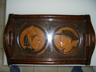 ancien Plateau Typique Breton Bois et Cuivre Dessus Verre Art Déco Bretagne 