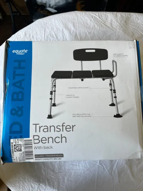 Equate Durable Transfer Bench with Back Rest, Shower Bench, Black (Open Box)