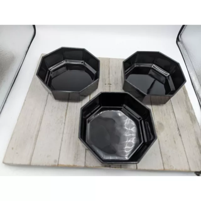 Set of 3 Arcoroc France Octime Black Glass Octagon Soup Cereal Bowls