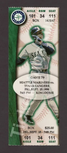 Ken Griffey Jr HR #350 AL TITLE YOUNGEST 1998 Mariners Rangers 9/25 Full Ticket 2