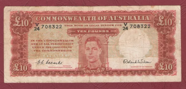 Australia Pre Dec Banknote £10 Ten Pound 1952 Coombs/Wilson Last Prefix V24