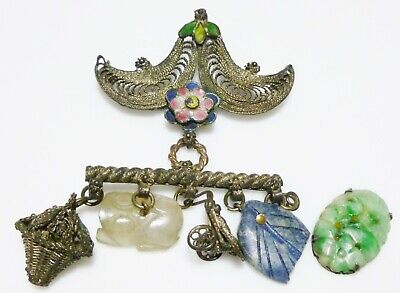 Chinese Export Sterling Silver Filigree Enamel Jade Flower Charm Brooch Pin Old