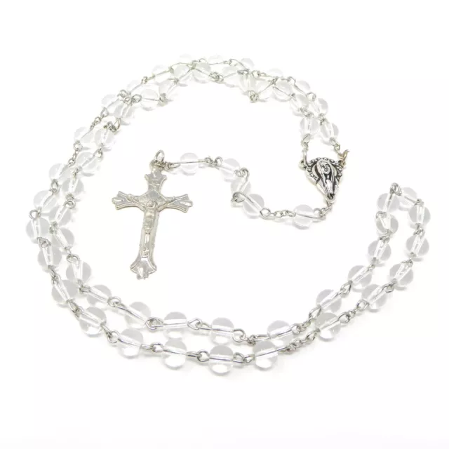 Clear glass Catholic rosary beads Our Lady center 6mm silver chain and cross