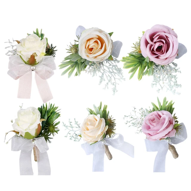 Wedding Rose Wrist Flower Corsage Wristlet Band Bracelet Men Boutonniere Brooch