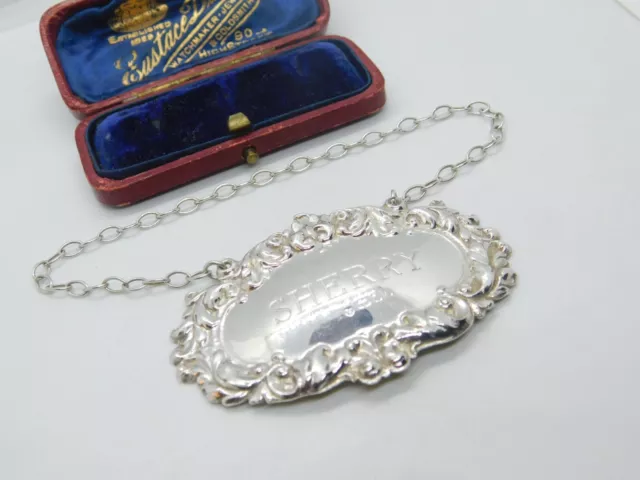 Sterling Silver Floral Edge Sherry Decanter Label Vintage 1972 London 2