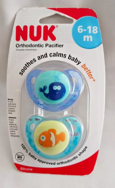 Nuk Orthodontic pacifier 2 pack ~ 6-18 months~ Whale and Fish Soothes & Calms