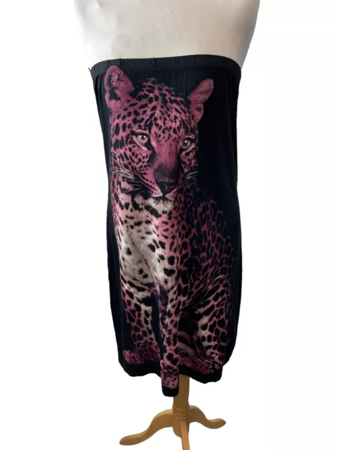 Abito boobtube da donna nero rosa leopardato stampa gatto taglia 10 (FA23)