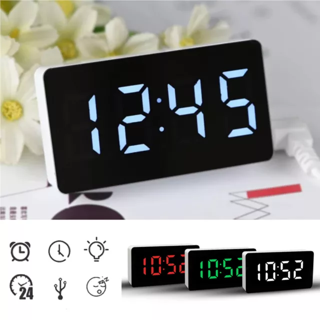Digital Alarm Clock LED Mirror Display Temperature Date Home Bedside Clock
