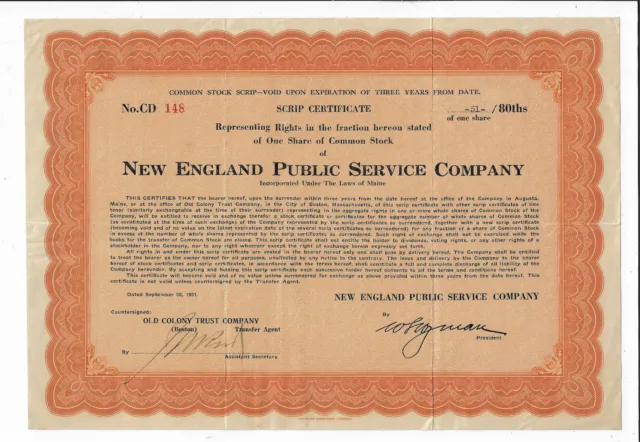 MAINE 1931 New England Public Service Company Stock Certificate RARE Insull