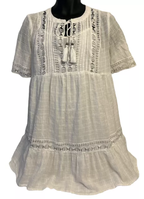 Knox Rose Dress Women’s Sz M White Tassel Tie Boho Peasant Flowy 100% Cotton