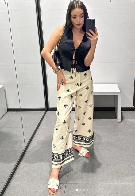 Zara Black/White Flowing High Waist Trousers Wide Leg Aztec Embroidered Culottes