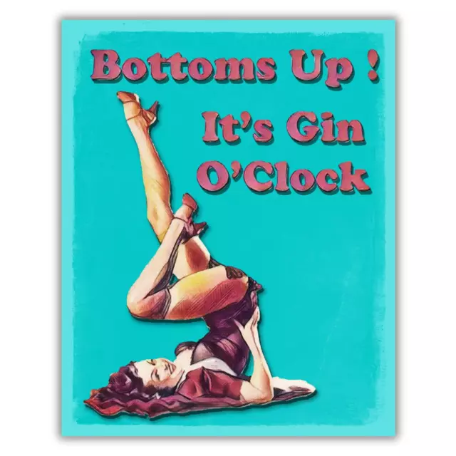 Wall Sign Vintage Retro Metal Bar Decorative Plaque Bottoms Up It's Gin O'Clock