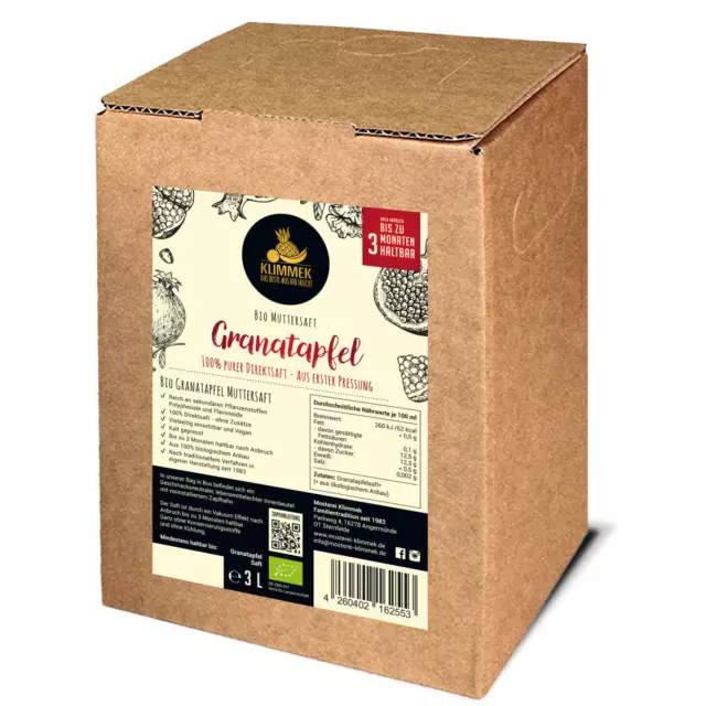 Klimmek - Bio Granatapfelsaft - Muttersaft - 3 L Bag in Box