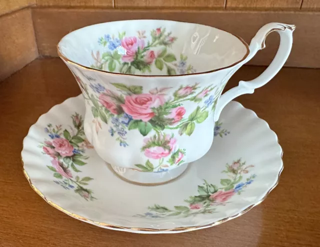 Vintage Royal Albert Bone China England "Moss Rose" Tea Cup & Saucer Set Footed