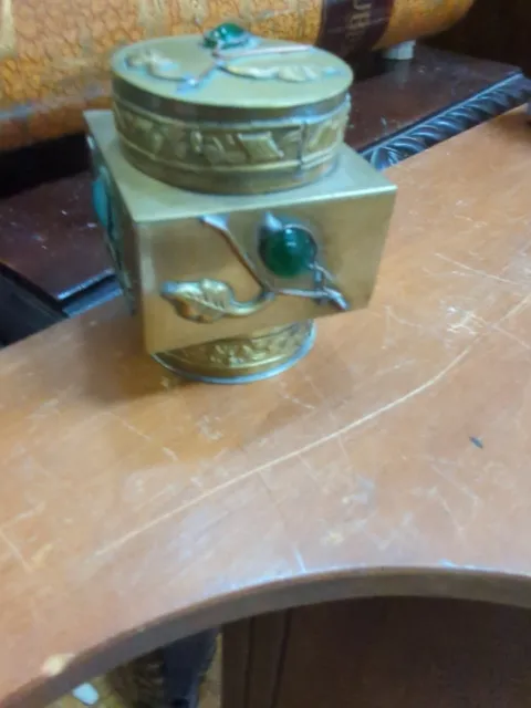 Vintage Chinese Brass &Peking Glass Cabochon Tea Caddy Box