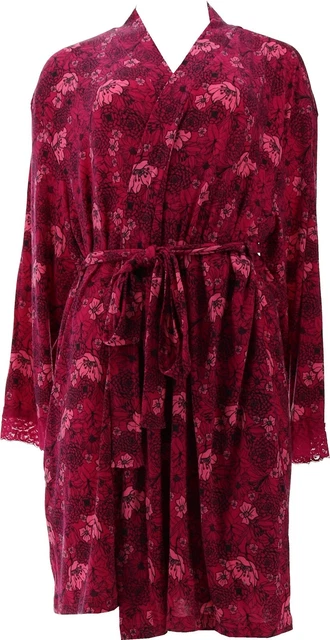 Rhonda Shear Tie Front Print Short Robe Lace Trim Fuschia Floral XL NEW 746-266