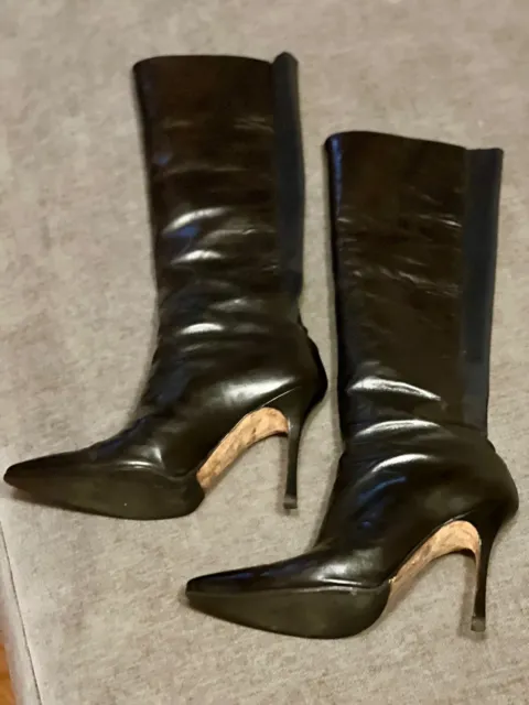 MANOLO BLAHNIK Stiletto Heeled Black Leather Knee High Boots Size 38.5 | US 8