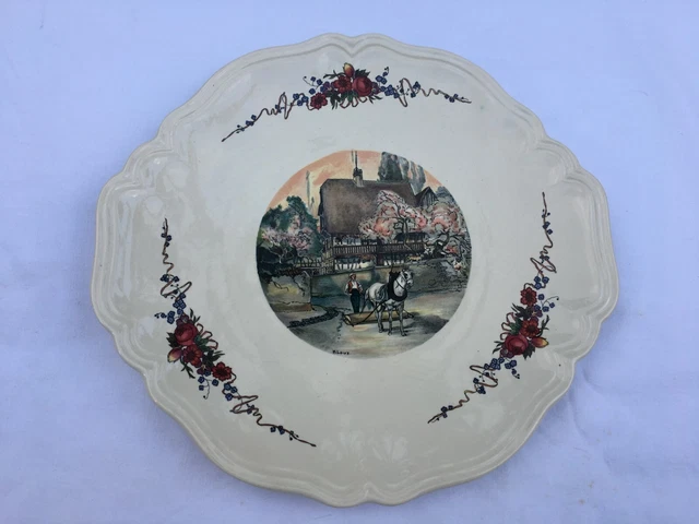 Grand plat rond Tarte Sarreguemines Modèle Obernai Décor H. Loux Alsace 25 cm