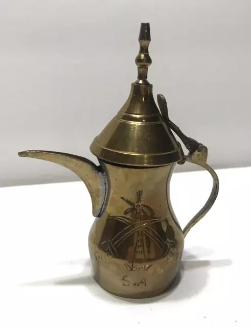 Vintage Brass Etched Miniature Ewer Tea Pot Pitcher W/Lid- India