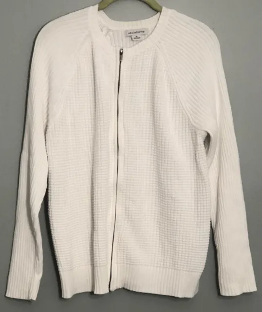 LIZ CLAIBORNE Women's Sweater Cardigan White XL Long Sleeve Zip Front Ribbed EUC