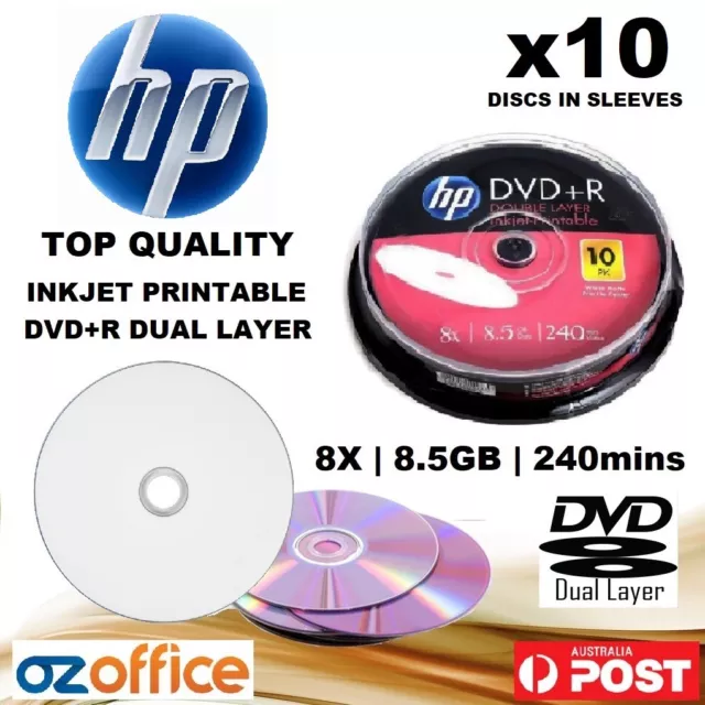 PREMIUM 10 x HP DVD+R DL 8.5GB Dual Layer 8X Blank DVD White Inkjet Printable