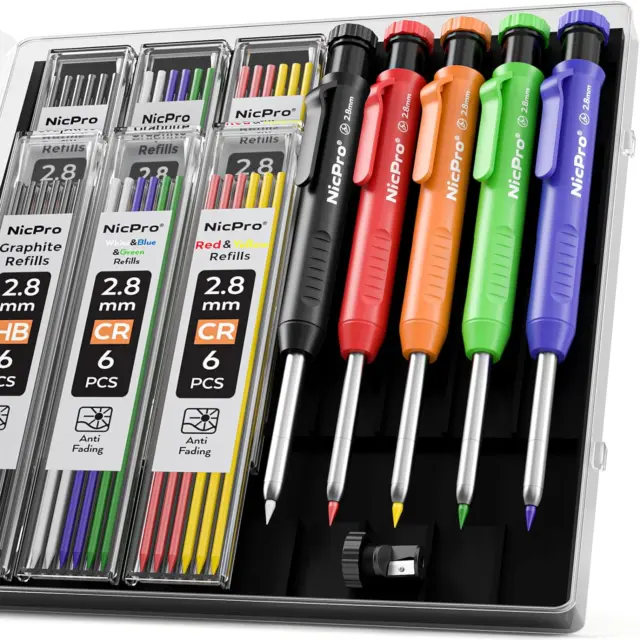 Nicpro 5 Pack Carpenter Pencil with Sharpener, Mechanical Pencils Set with 41 Re