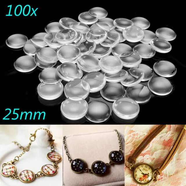 100Pcs 25MM Transparent Clear Round Flatback Domed Glass Cabochon Cover Finding