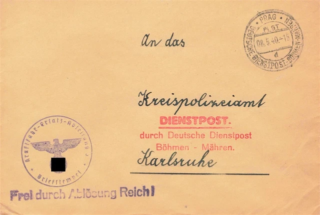455207) Böhmen und Mähren, K2 + roter L3 Deutsche Dienstpost auf Blg Prag 1940