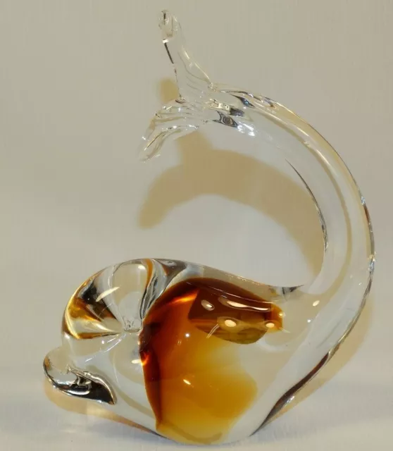 Beautiful Murano Art Glass Fish / Whale Figurine Paperweight Amber Sommerso