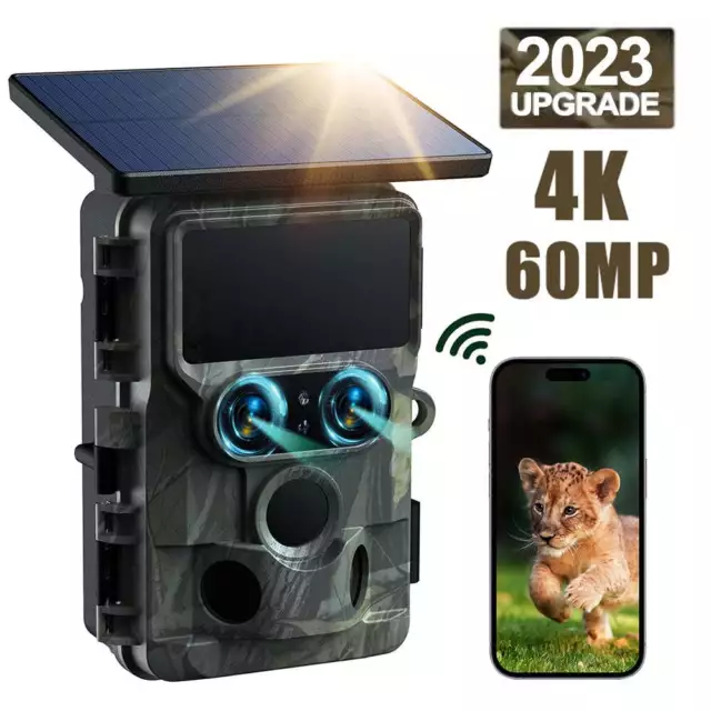 Solar 4K 60MP Wildkamera Nachtsicht Überwachungskamera JagdKamera Fotofalle 2.4"