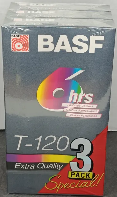 BASF T120 3 Pack Blank 6 Hour VHS Tapes Stereo Extra Quality Sealed Free Ship