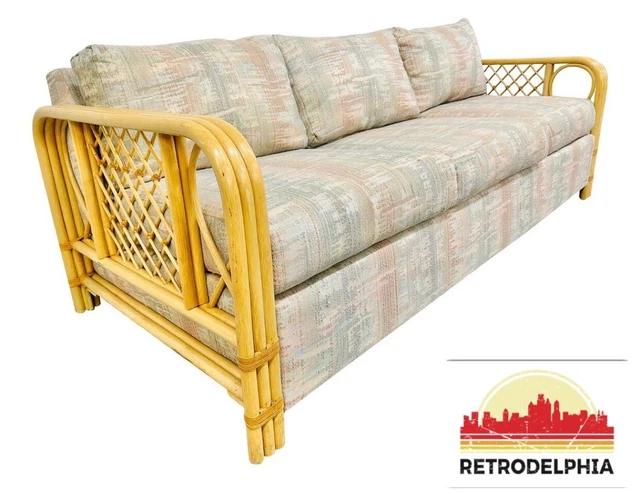 Vintage Boho Chic Upholstered Wicker Sofa