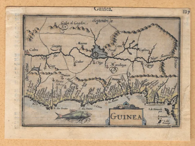 A 16th century miniature map of Guinea LANGENES, Barent.