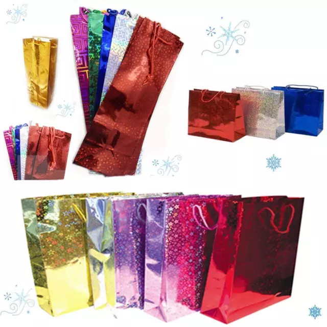 6 Holographic Gift Bags Wine Paper Bottle Foil Wrap Party Loot Bag Present Pack