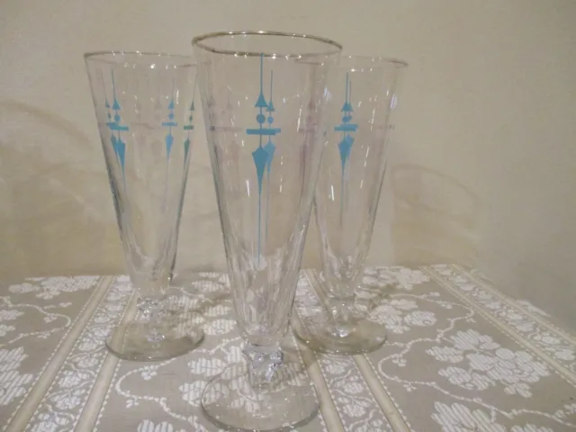 Libbey Pilzer Glass w/Turquoise Abstract Accents/Triangle Thumb Print Stem (3)