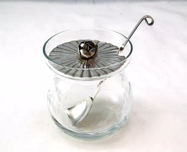 Raimond Sterling Silver Mustard Pot, Sterling Cover & Spoon, Etched Crystal Jar