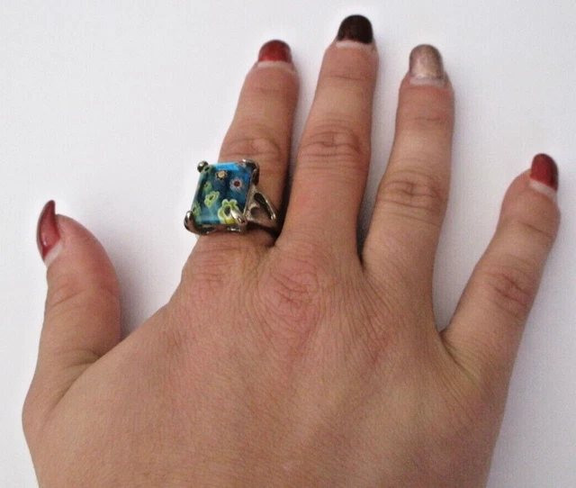 Bague Vintage Couleur Argent Avec Incrustation Verre Millefiori - Taille 50 - Très Belle Et Patinée