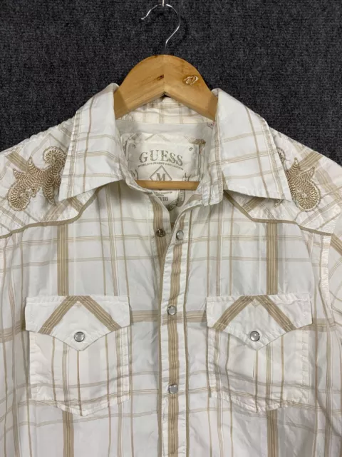 Guess Mens Short Sleeve Shirt Size Medium Beige Check Plaid Pearl Snap 2