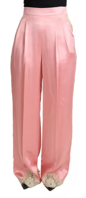 DOLCE & GABBANA Pants Pink Lace Trimmed Silk Satin Wide Legs IT44/US10/L $2300