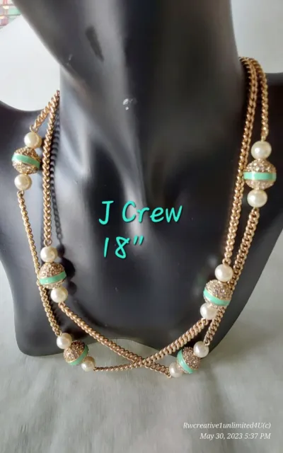 J Crew Necklace Double Strand 18"Mint Green Fx Pearls Goldtone Chains Cpics C625