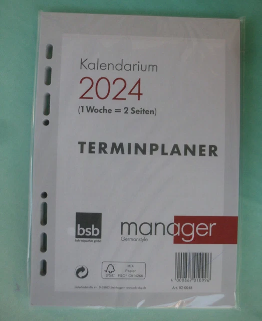 BSB KALENDER EINLAGEN Ersatz Timer weiß A5 1 Woche 2 Seiten Planer 2024