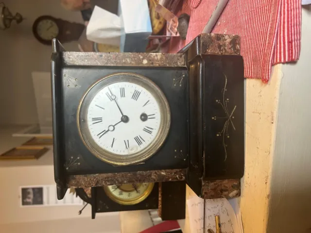 Antique French slate and reddish marble timepiece mantle clock in working order