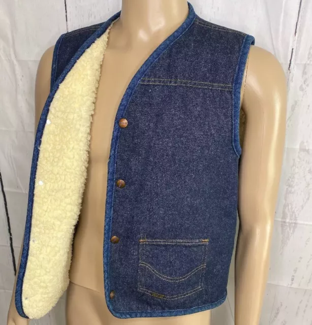 Vintage Roebucks Sears Denim Vest Western Faux Sherpa Lined Retro Men Sz L Tall